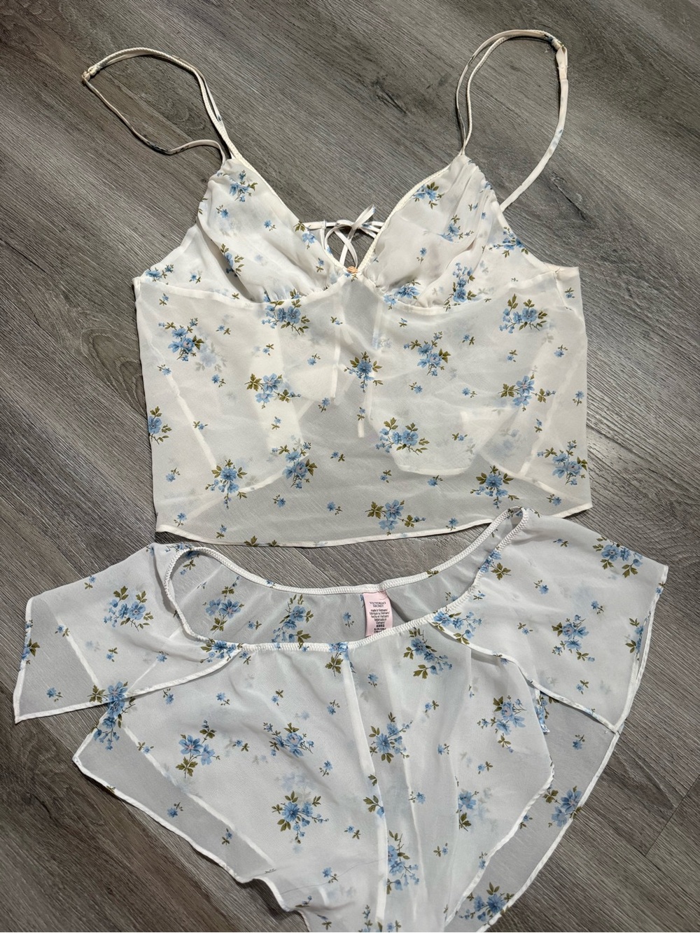 Victoria's Secret White Floral Lace-Up Camisole Set with Blue Flowers